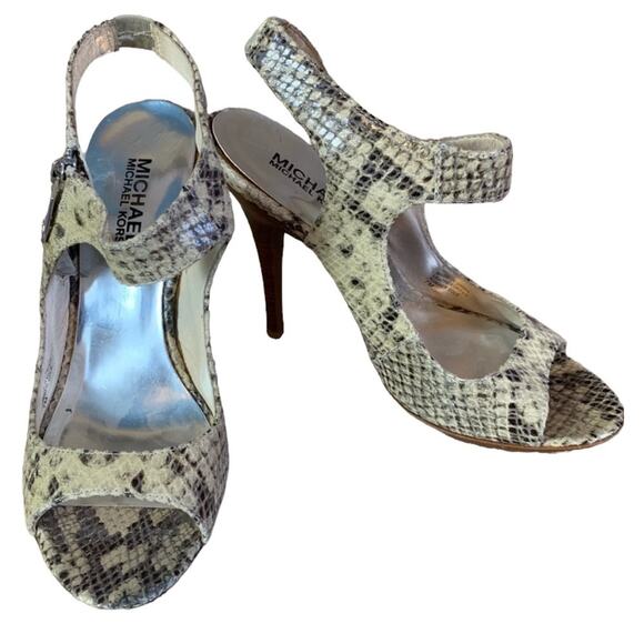 Michael Kors Leather Snakeskin Print Heeled Sandals Ankle Strap Shoes Size 7 - Picture 1 of 7